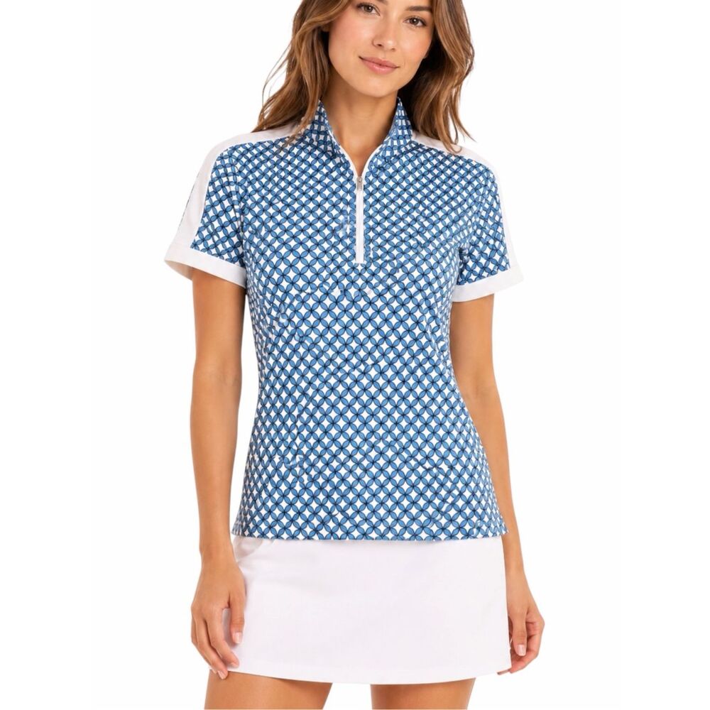 CALLAWAY Women’s Blue Sea Star Geometric Print Opti-Dri 1/4 Zip Golf Shirt Large